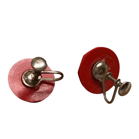 Vintage Red Faucet Screw On Button Retro Earrings Woman’s Jewelry - Picture 4 of 5
